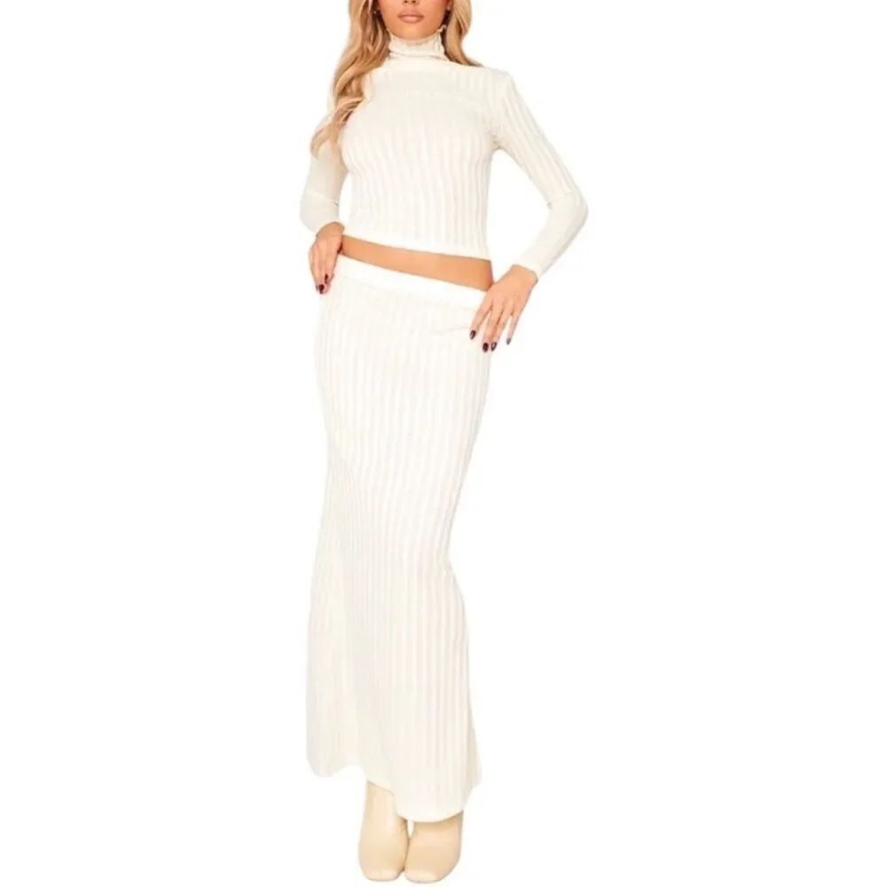 Pretty Little Thing - Cream Rib Knit Turtleneck Top And Maxi Skirt Set
